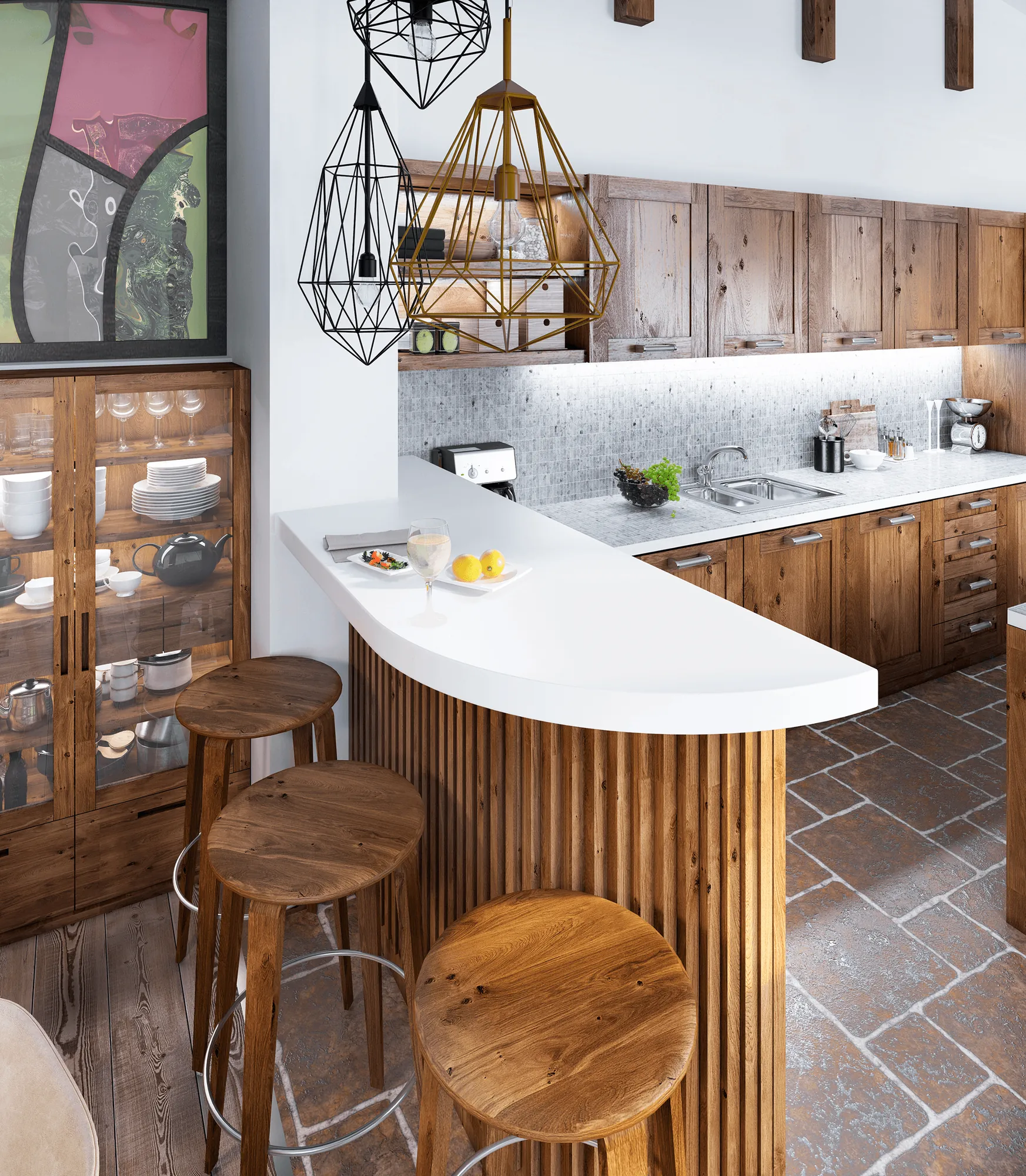A curved breakfast bar with round wooden stools and pendant lights