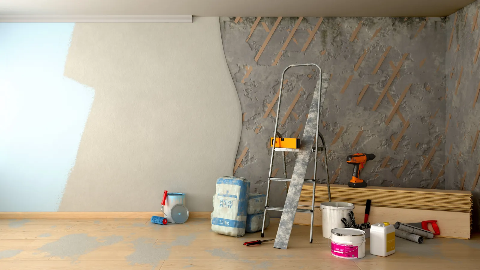 A half-plastered wall with a stepladder, paint and tools in an empty room