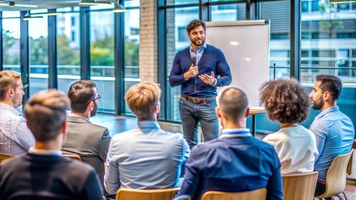 A speaker presenting to a team