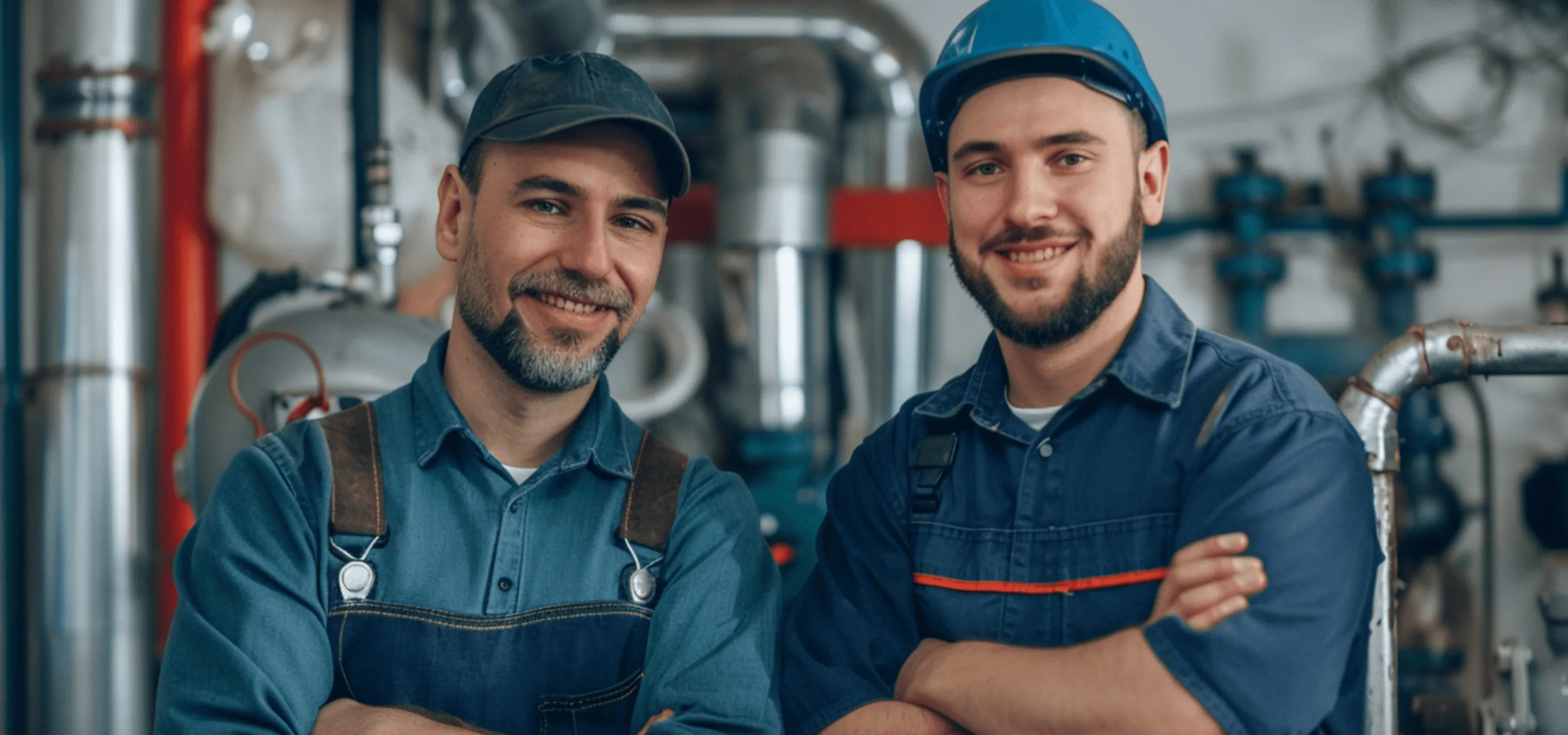 Two smiling plumbers in work clothes in a boiler room