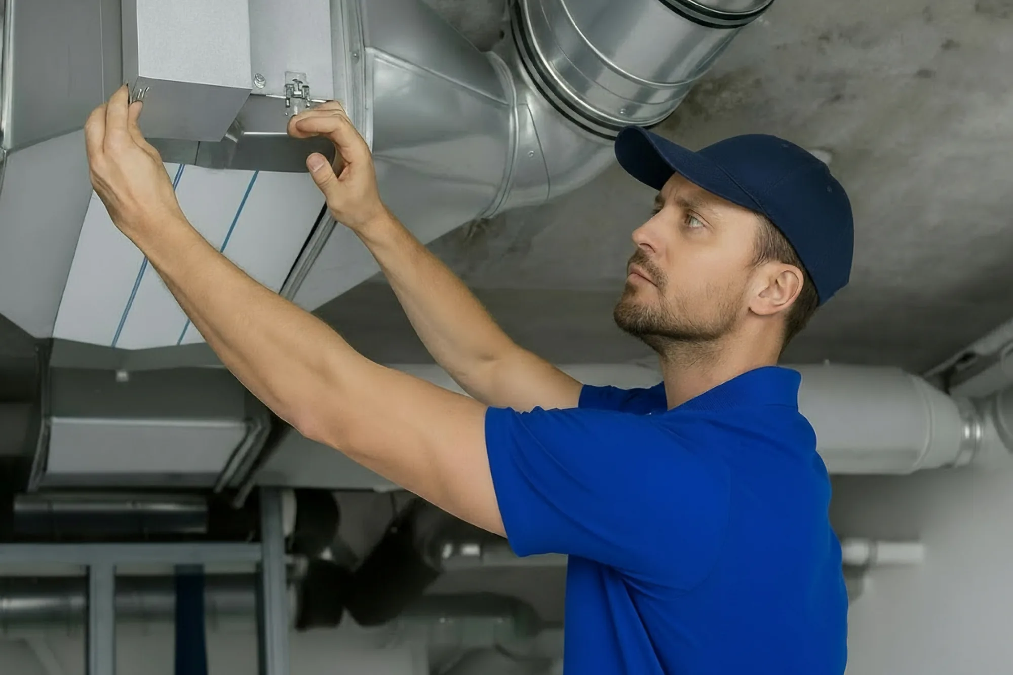 A plumber working on overhead pipes