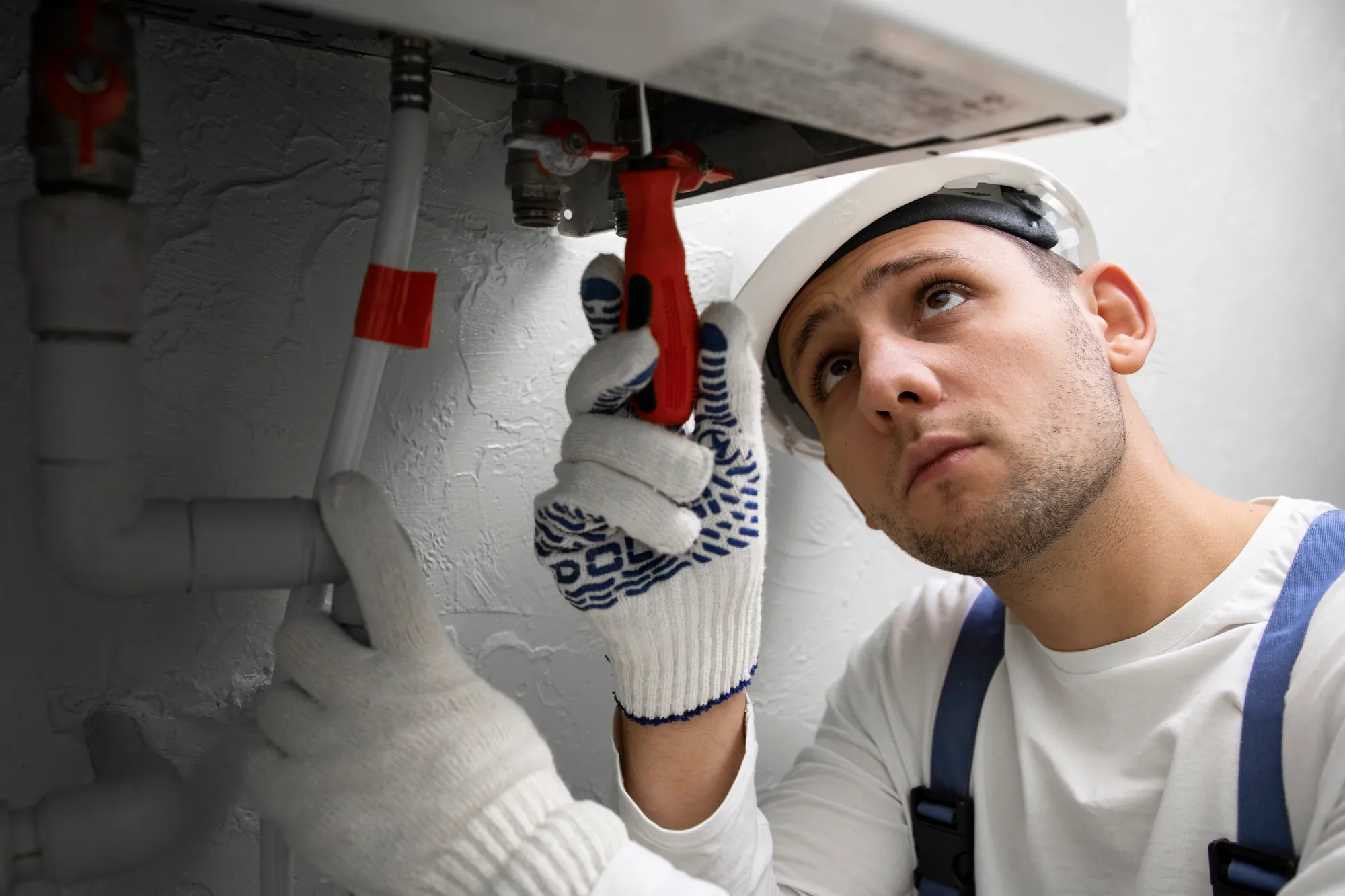 A plumber in a white cap reaching up with a red wrench
