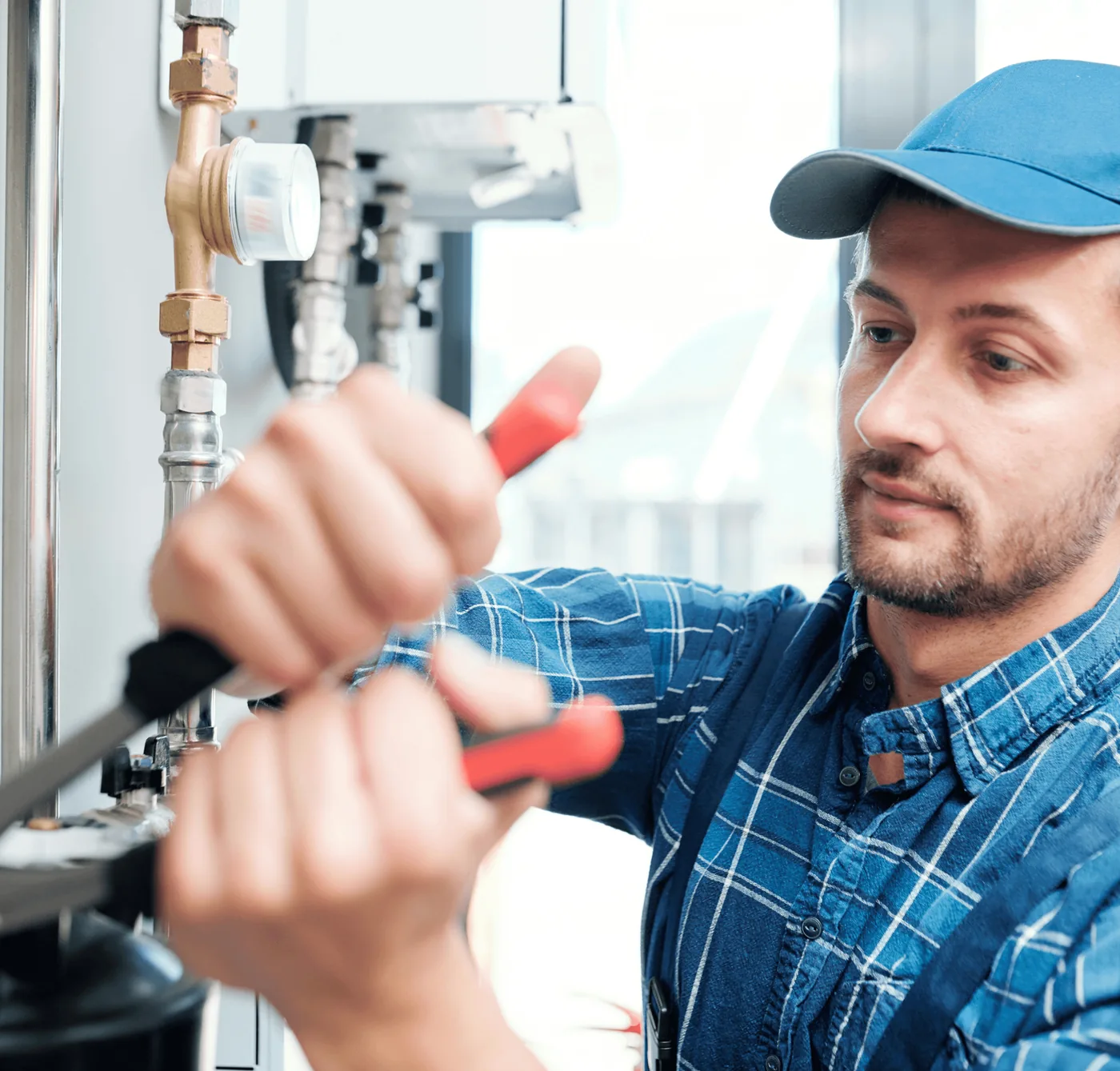 A plumber gripping a pipe with red pliers