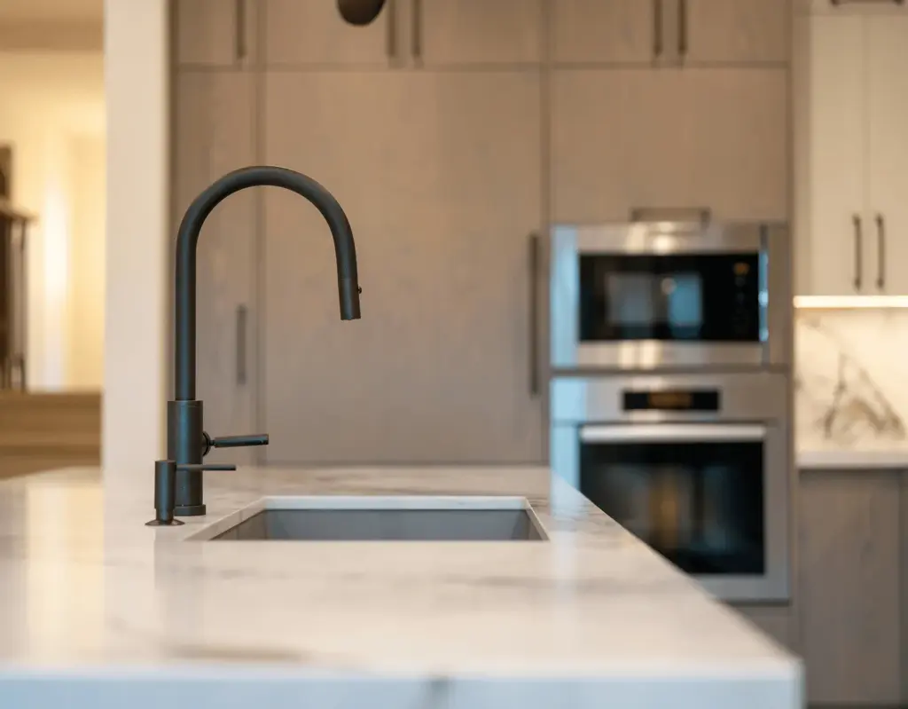 A black kitchen tap over a marble worktop