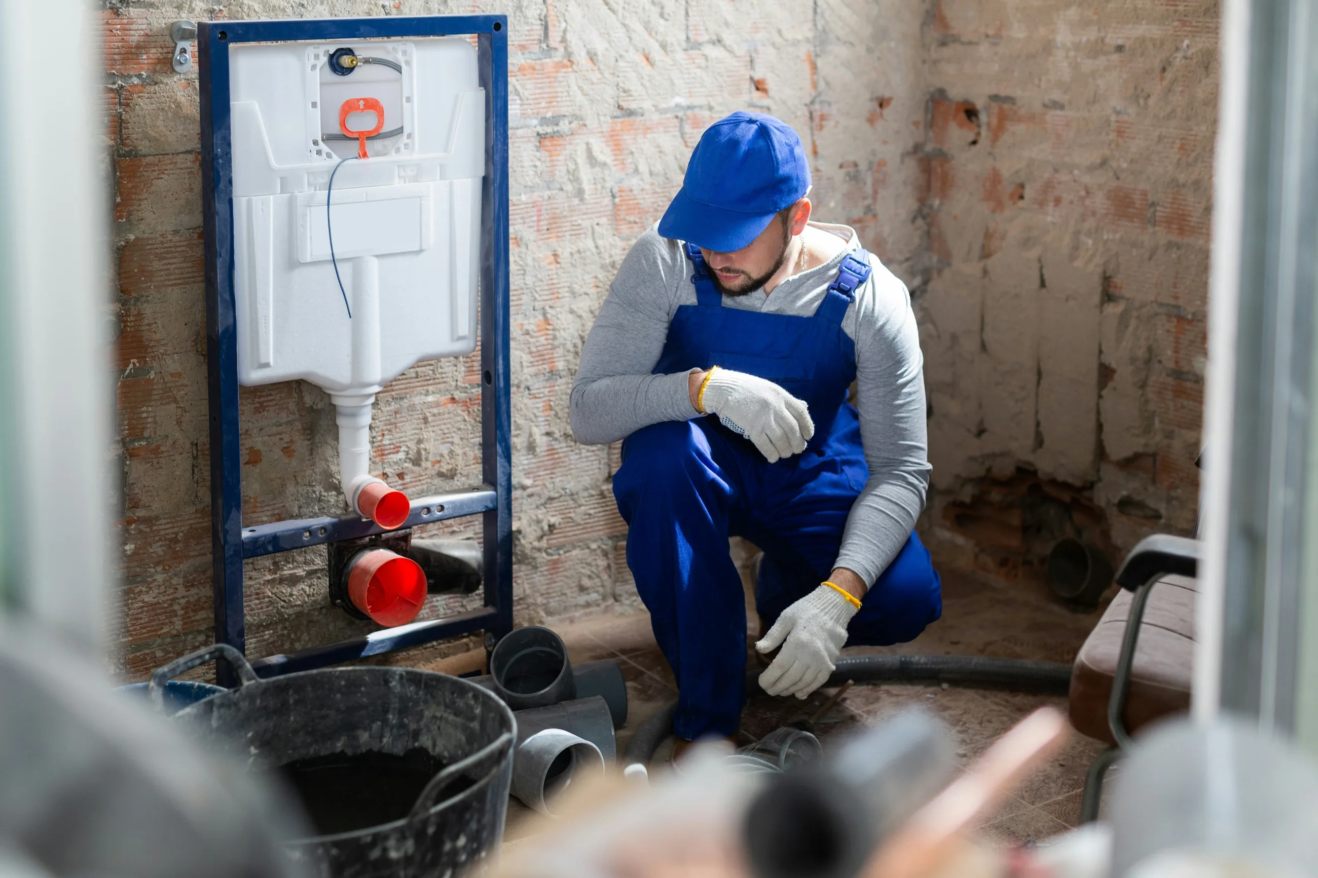 A plumber fitting a concealed toilet frame