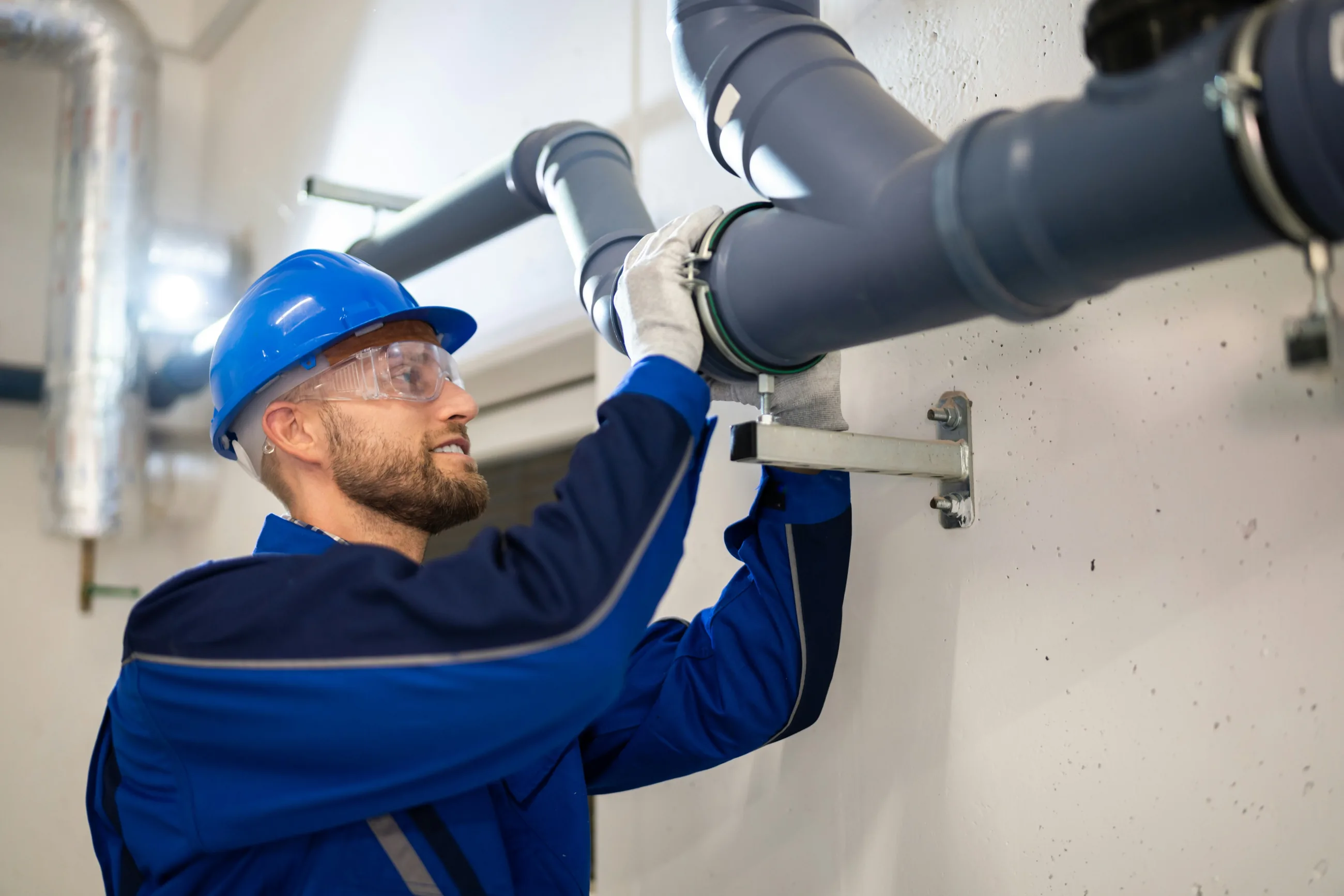 A plumber fitting grey pipes on a wall