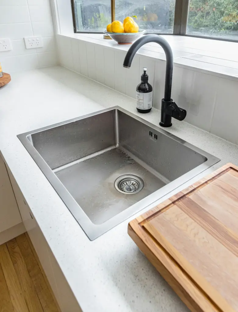 A black tap over a clean steel kitchen sink