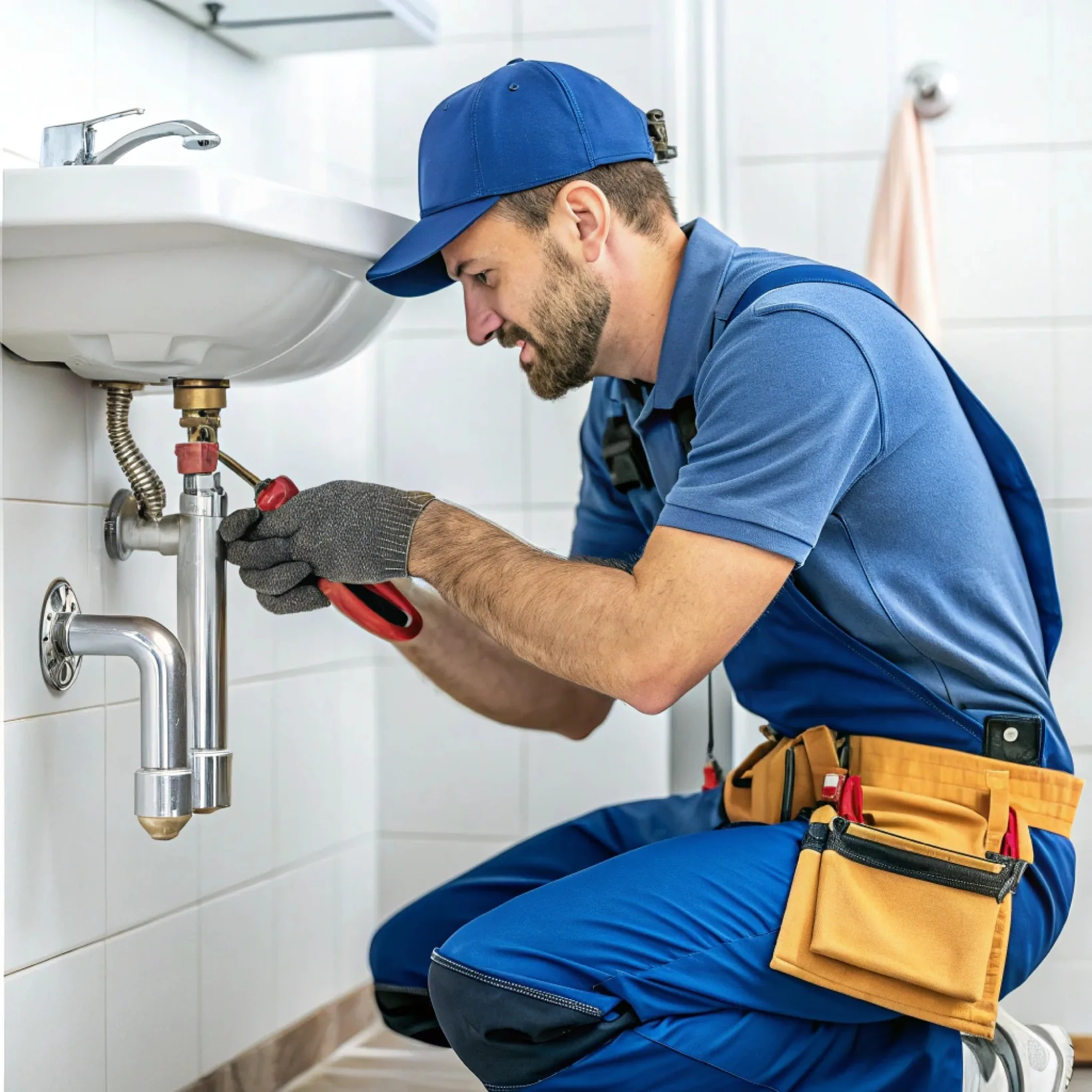 A plumber in a blue cap working under a wash basin