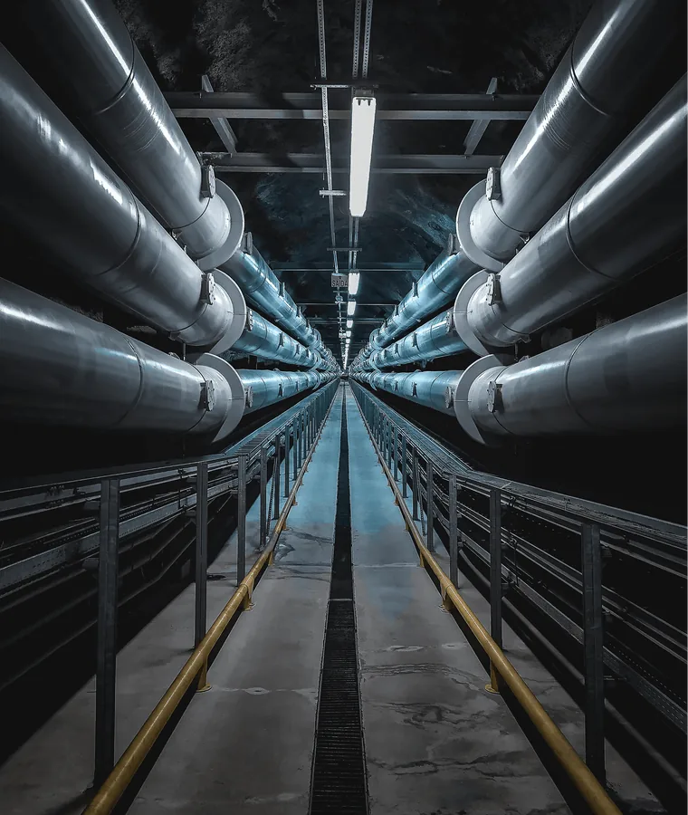 A long service tunnel lined with pipes