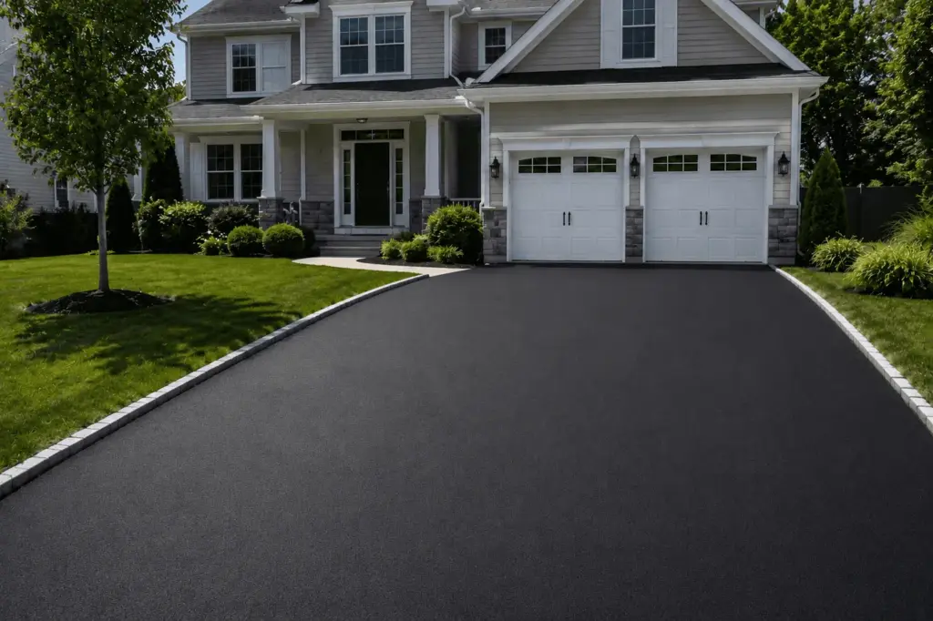 The same driveway after sealcoating: an even, deep black finish