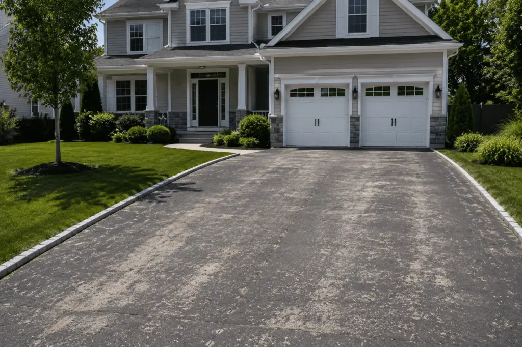 The driveway before: faded, grey and worn asphalt