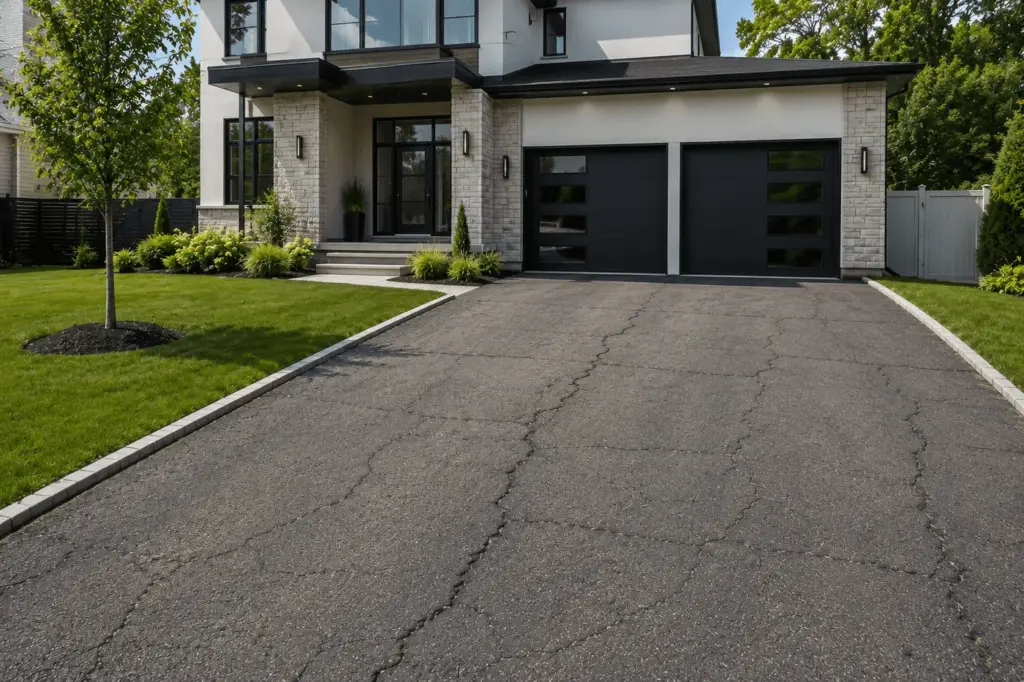 The driveway before: open cracks across the asphalt