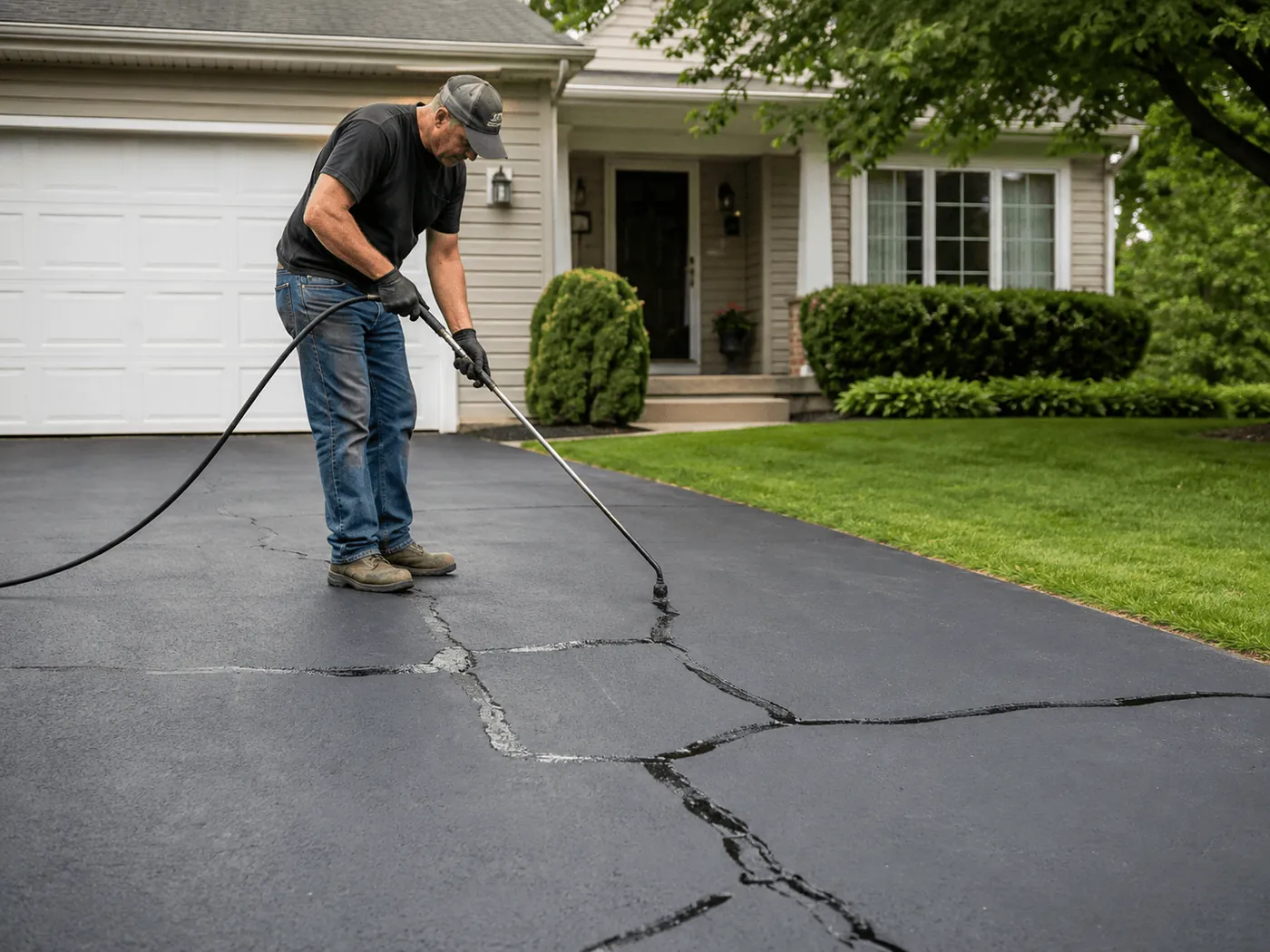 A worker sealing driveway cracks with a hot-pour wand