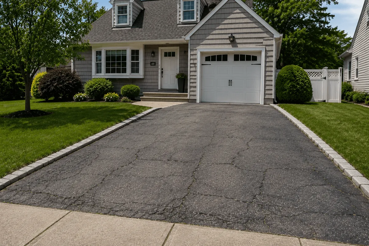 A grey driveway with spreading cracks