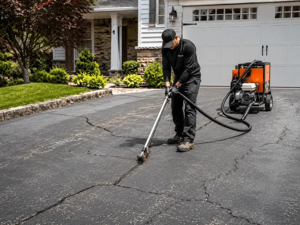 A worker cleaning out driveway cracks before filling them