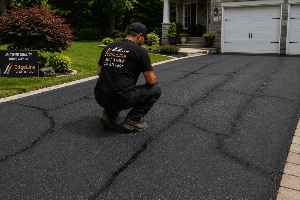 A worker crouching to inspect the repaired cracks