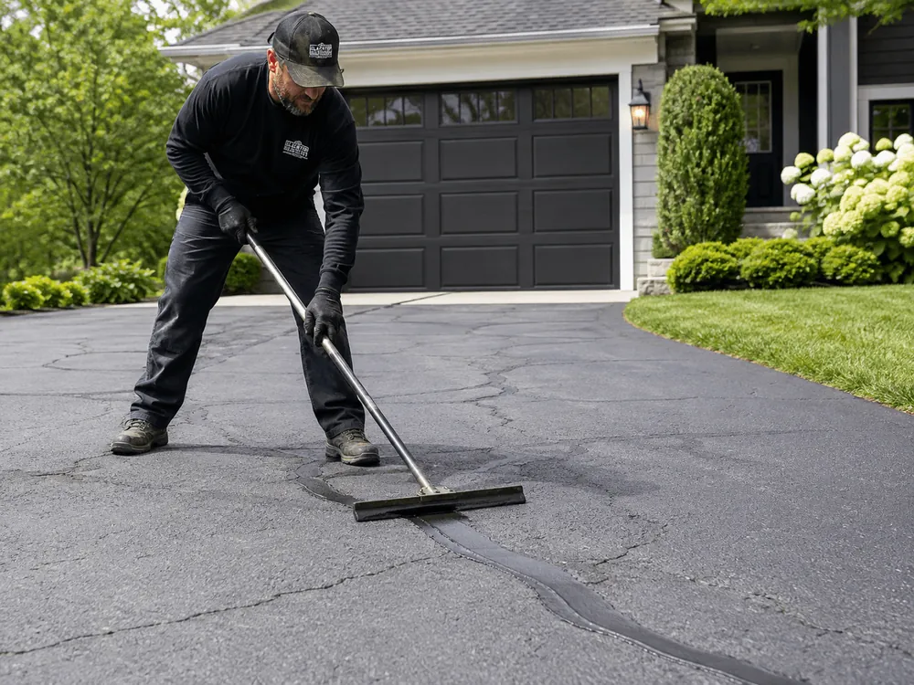A worker smoothing crack filler level with a squeegee