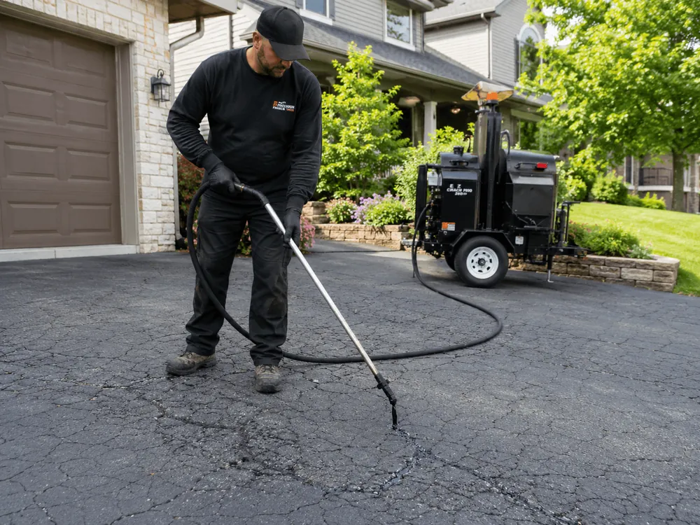 A worker pouring hot crack filler into a driveway crack