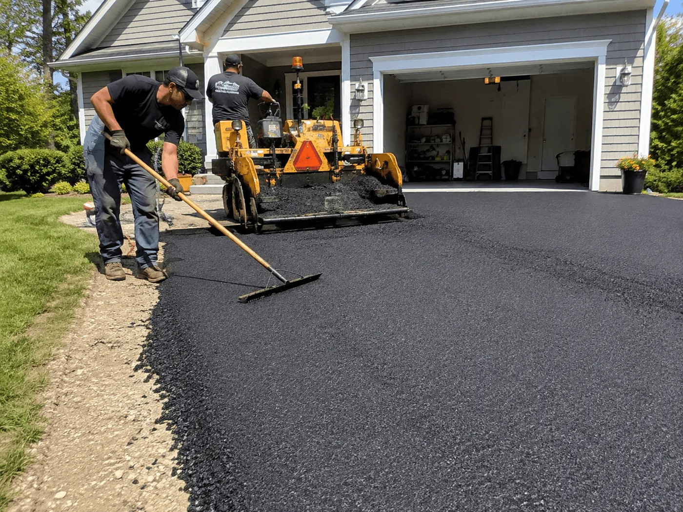 A crew raking hot asphalt for a new driveway beside a paving machine