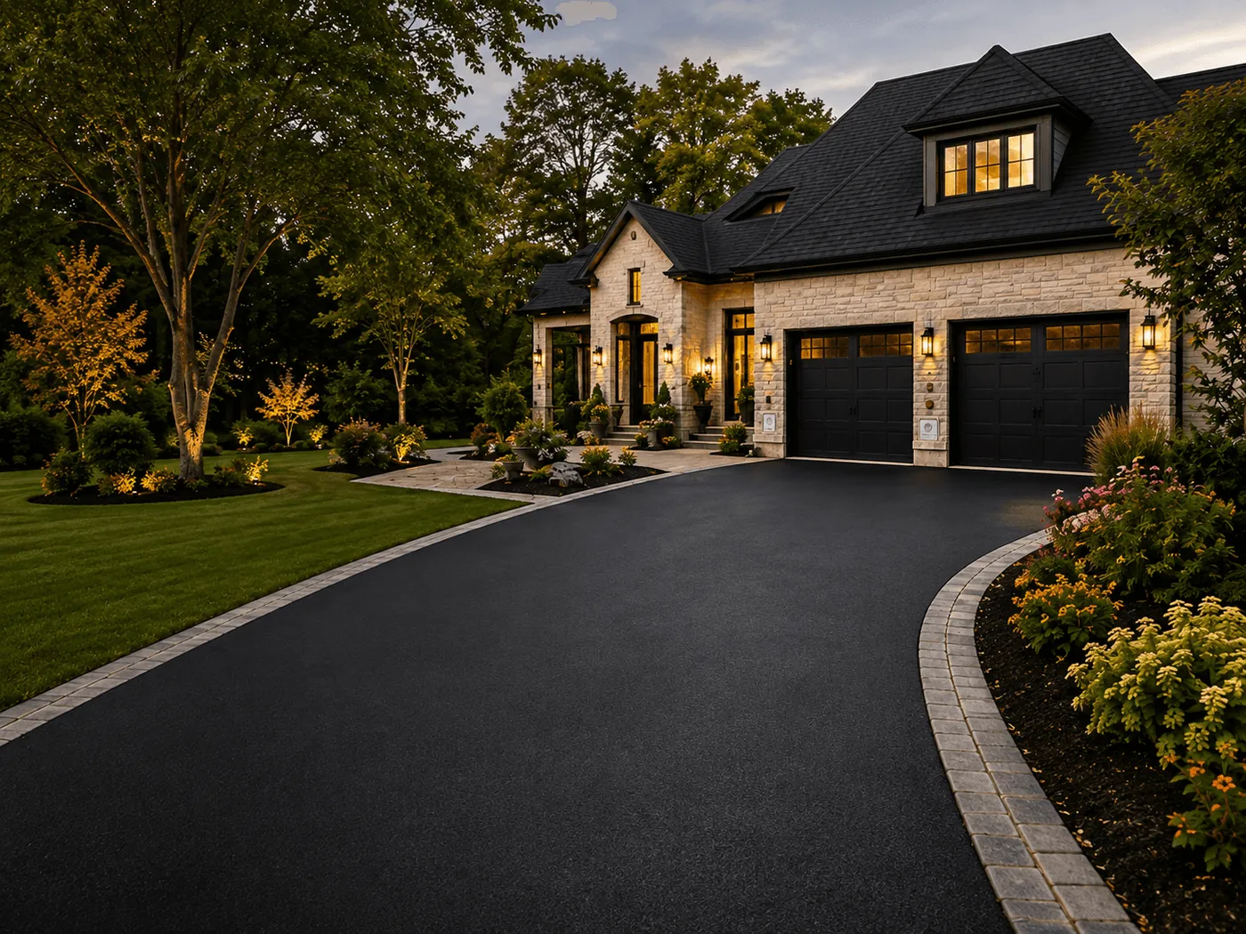 A finished asphalt driveway in front of a house with warm evening lights