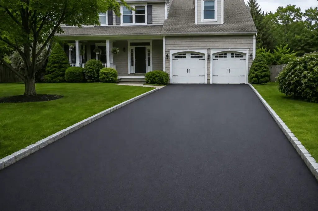 The same driveway after: new black asphalt