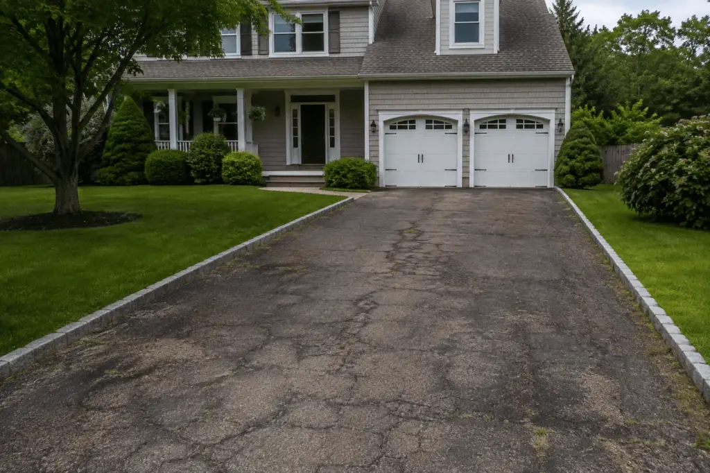 The driveway before: cracked and broken asphalt