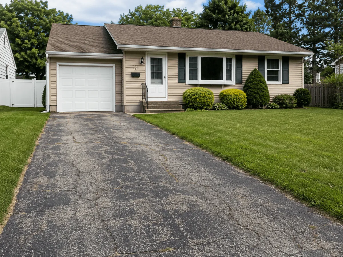 A worn, cracked driveway that needs replacing