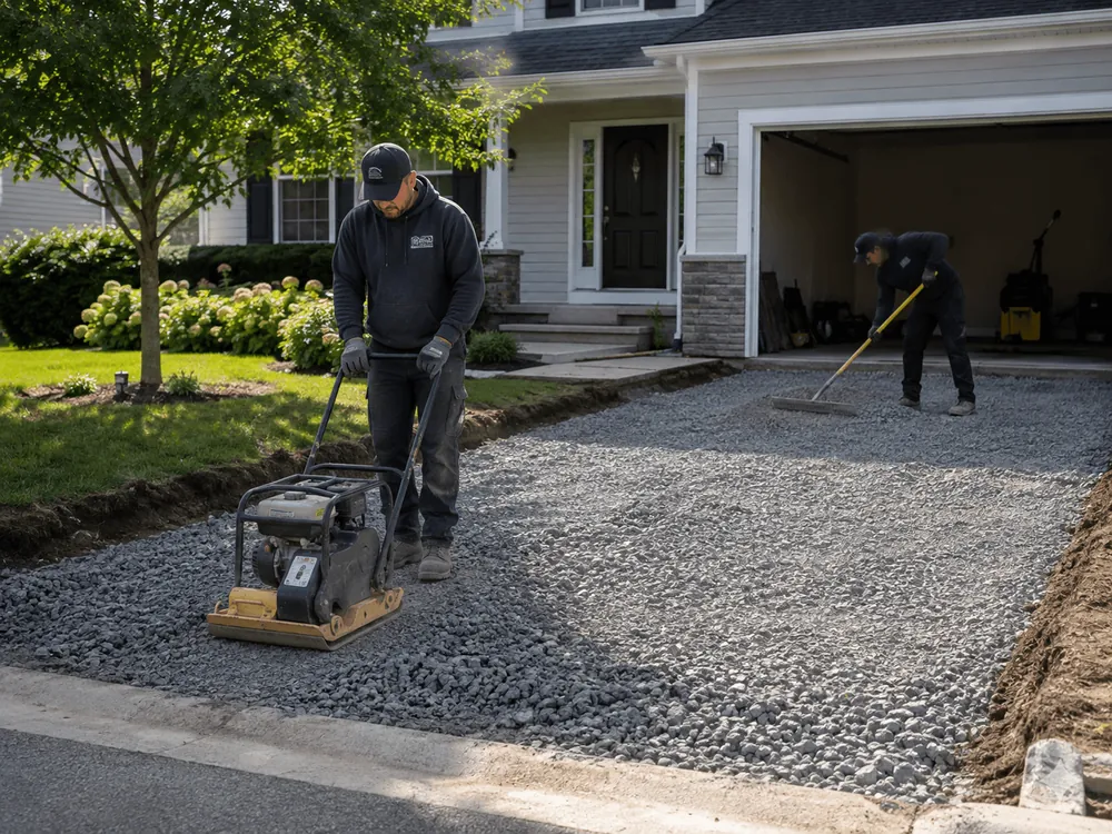 A worker compacting the gravel base of a new driveway