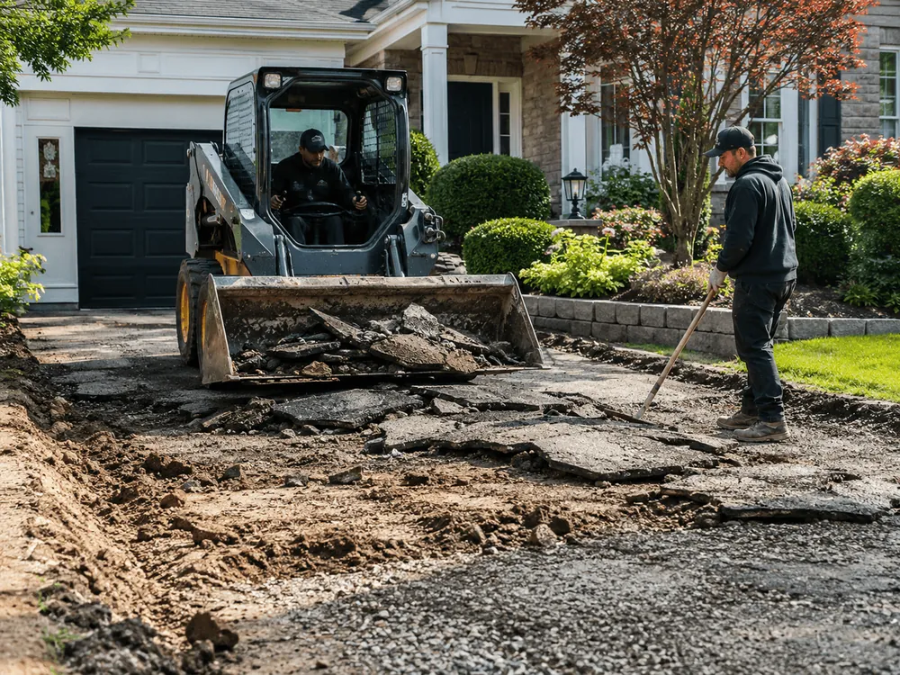A skid steer removing an old driveway down to the soil