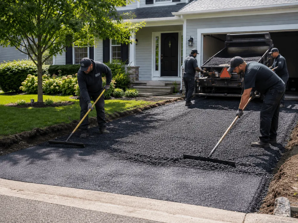 A crew spreading hot asphalt for a new driveway
