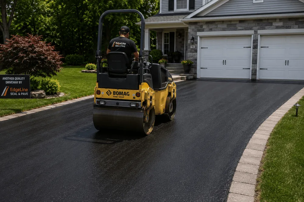 A road roller compacting a freshly paved driveway