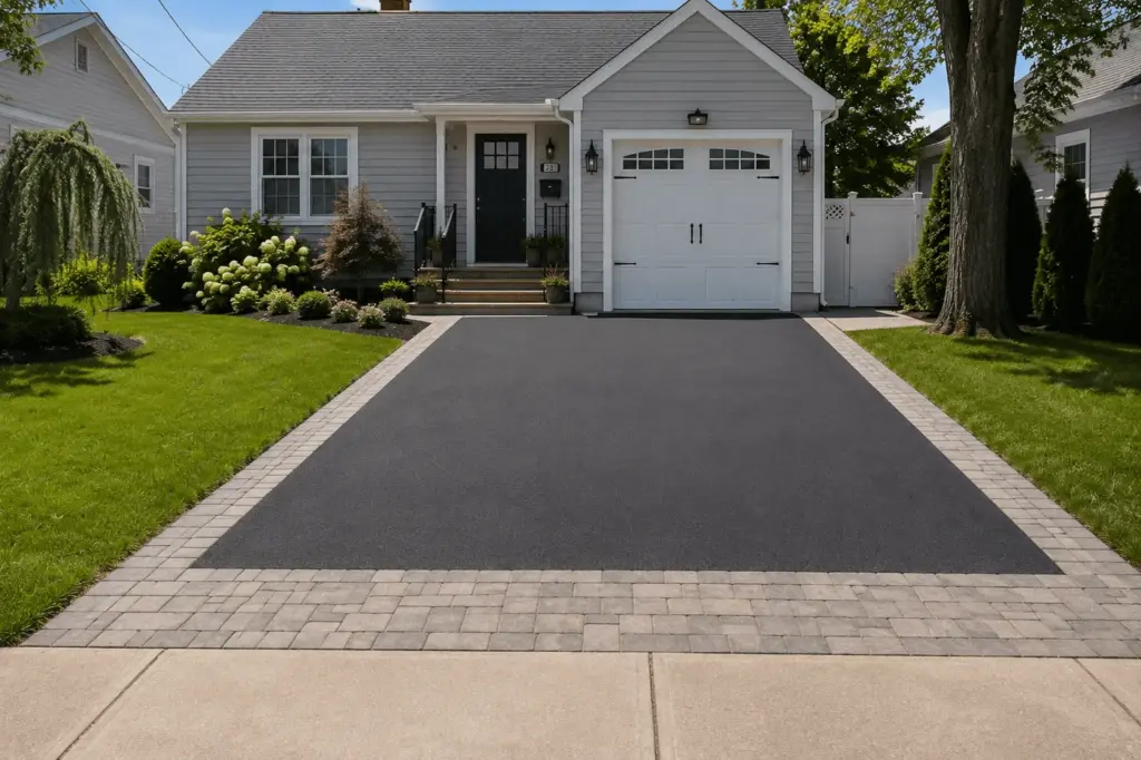 The same driveway after: a paver border around fresh asphalt