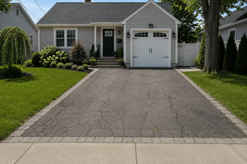 The driveway before: plain worn asphalt