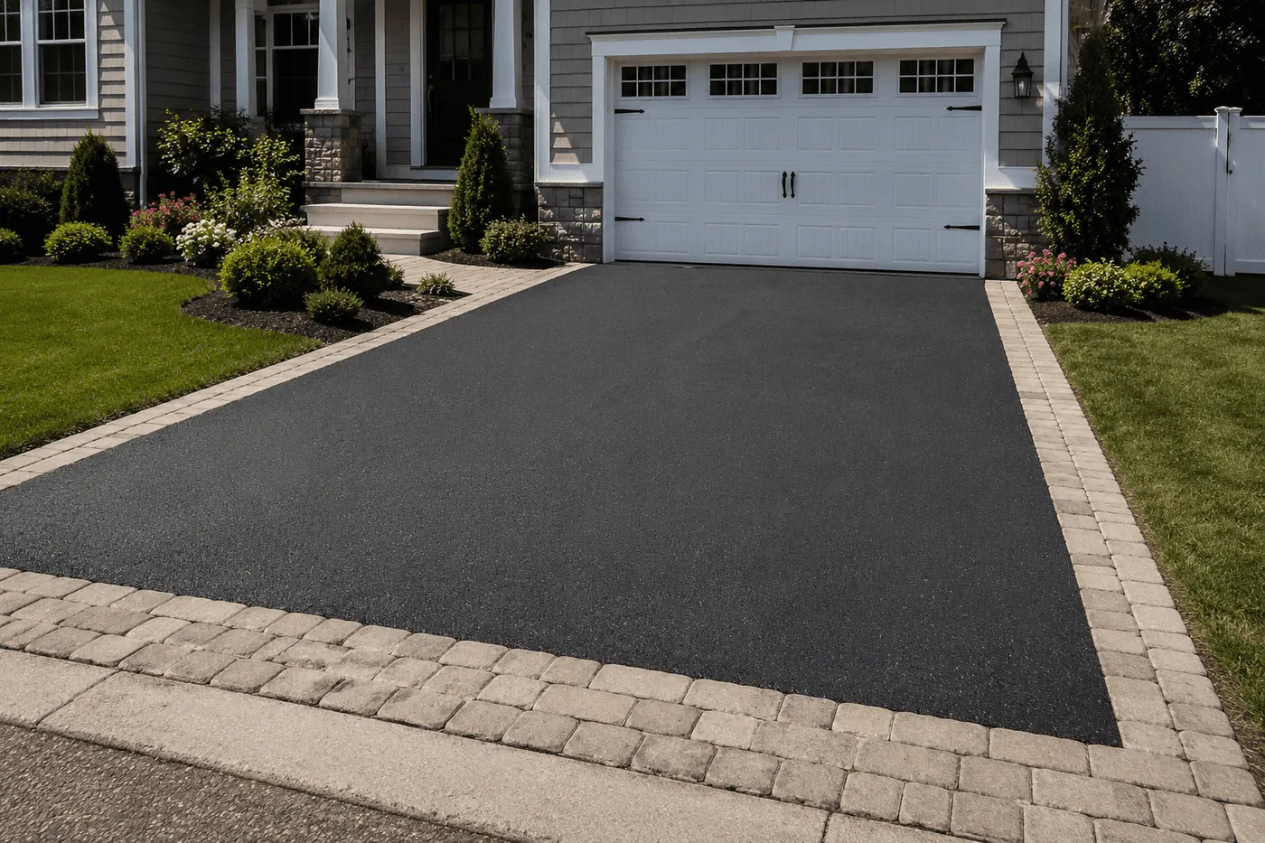 A black asphalt driveway framed by a paver border
