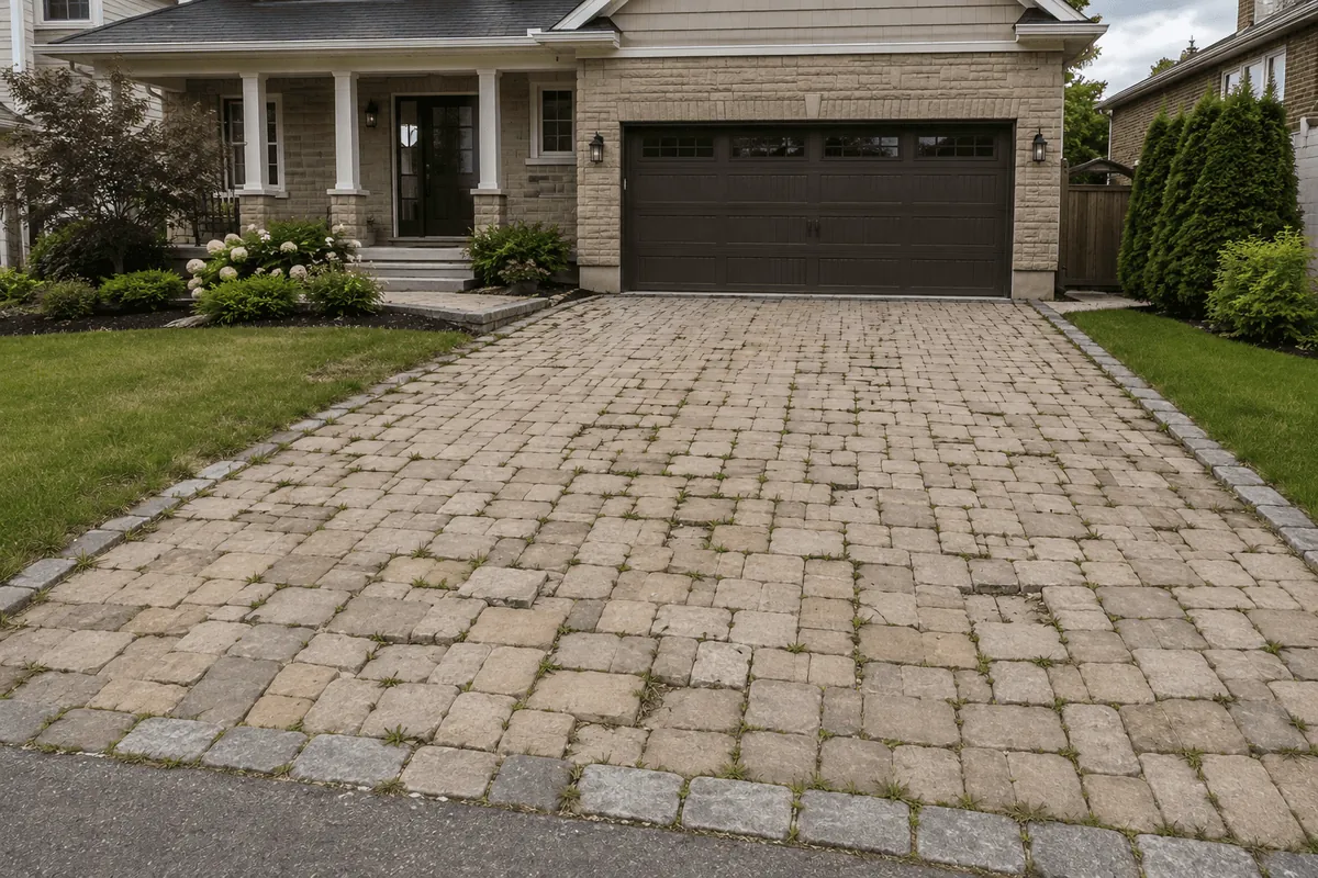 A worn paver driveway with uneven, weathered stones