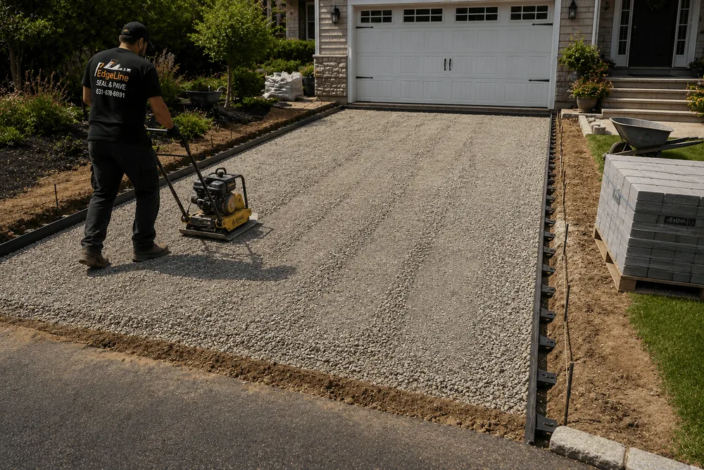 A compacted gravel base with edge restraints ready for pavers
