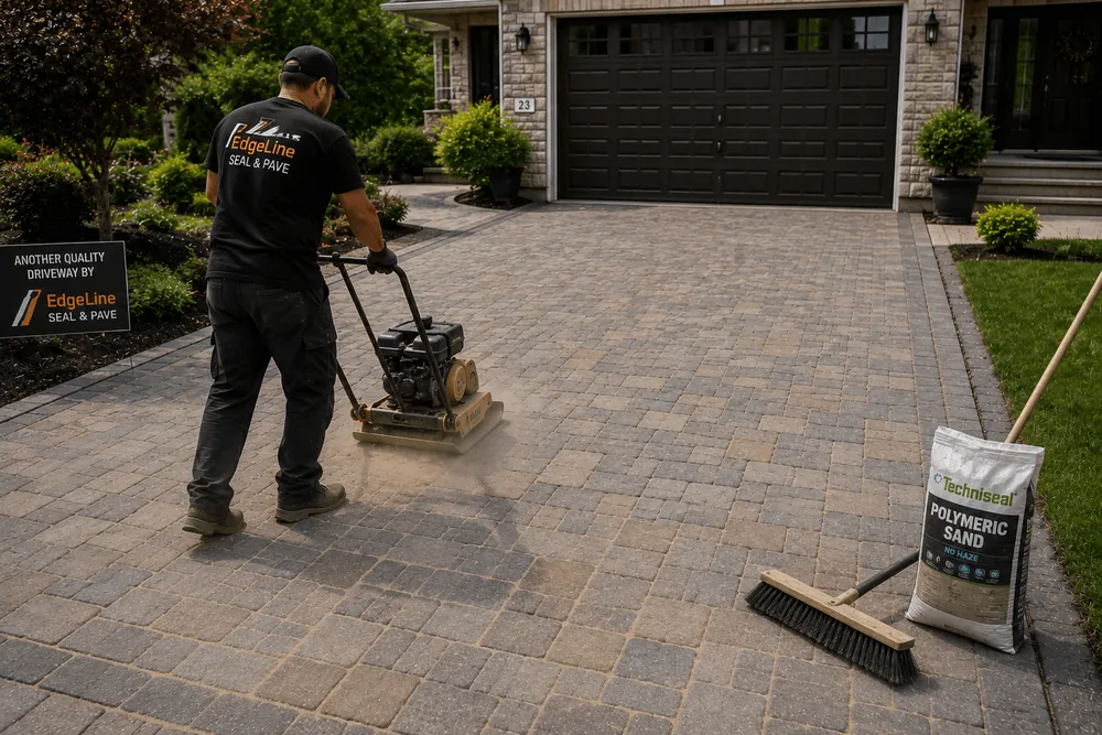 A worker sweeping joint sand and compacting a paver driveway