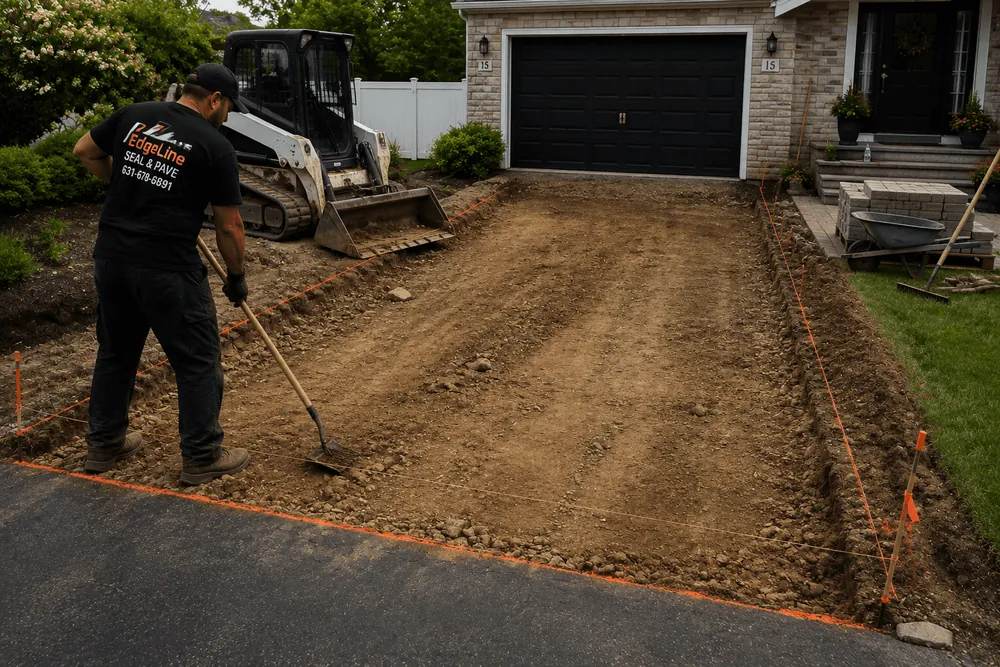 A worker excavating and grading the area for a paver driveway