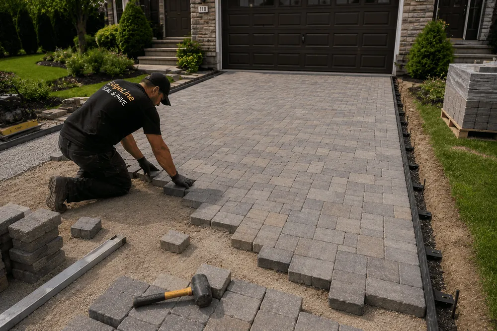 A worker laying pavers by hand on a prepared base