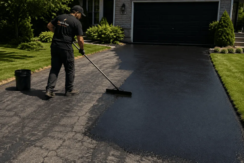 A worker applying an even coat of sealer across a driveway
