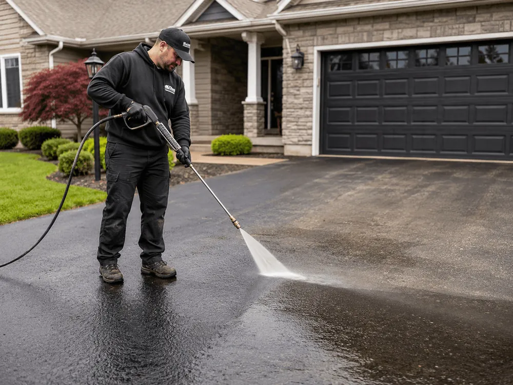 A worker pressure-washing a driveway before sealcoating