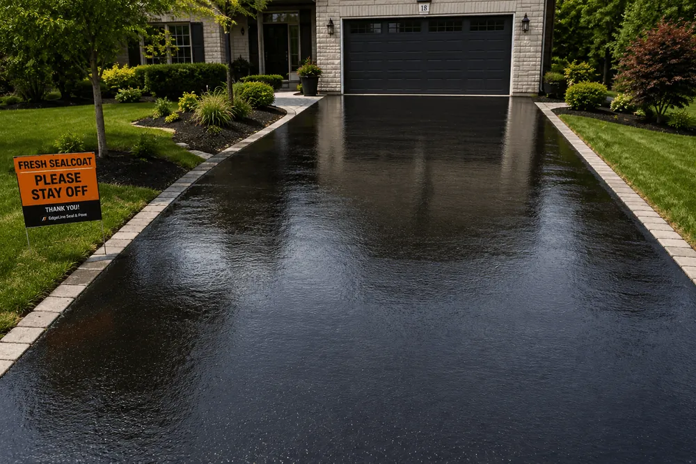 A freshly sealed driveway curing behind a do-not-enter sign