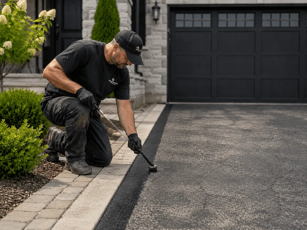 A worker hand-edging sealcoat along a driveway border