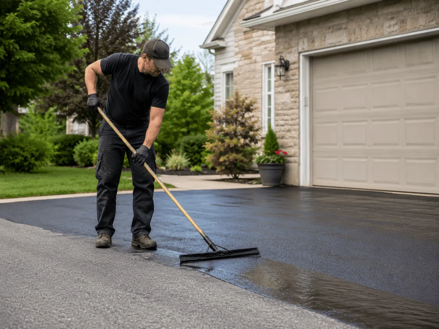 A worker spreading fresh sealcoat across a driveway with a squeegee