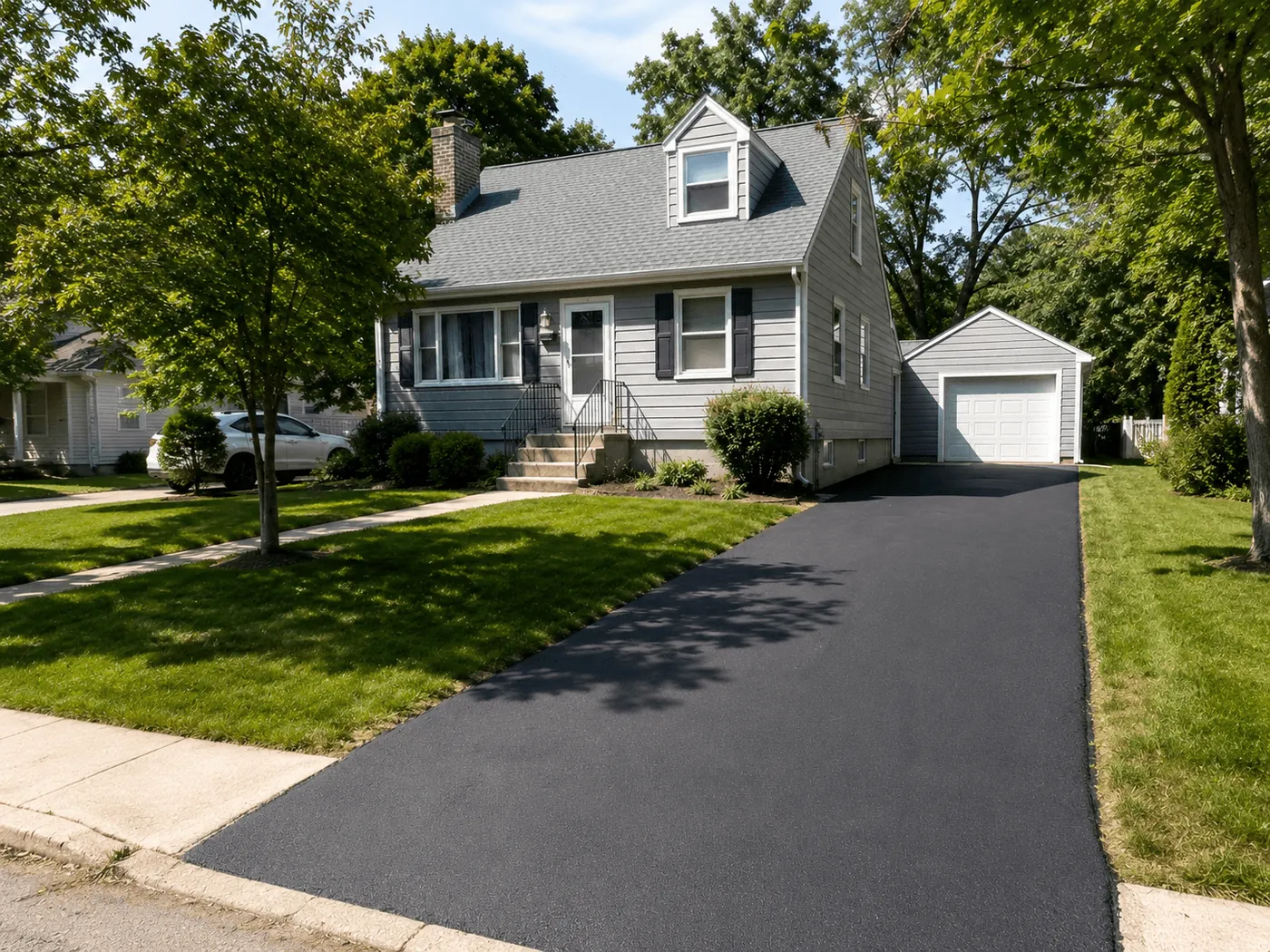A newly sealed driveway leading to a grey Cape Cod house