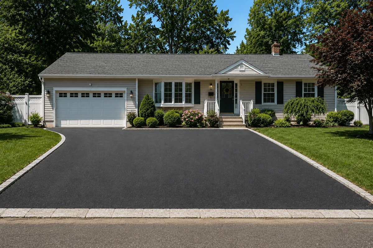 A refreshed black driveway at a Cape Cod house in Bethpage