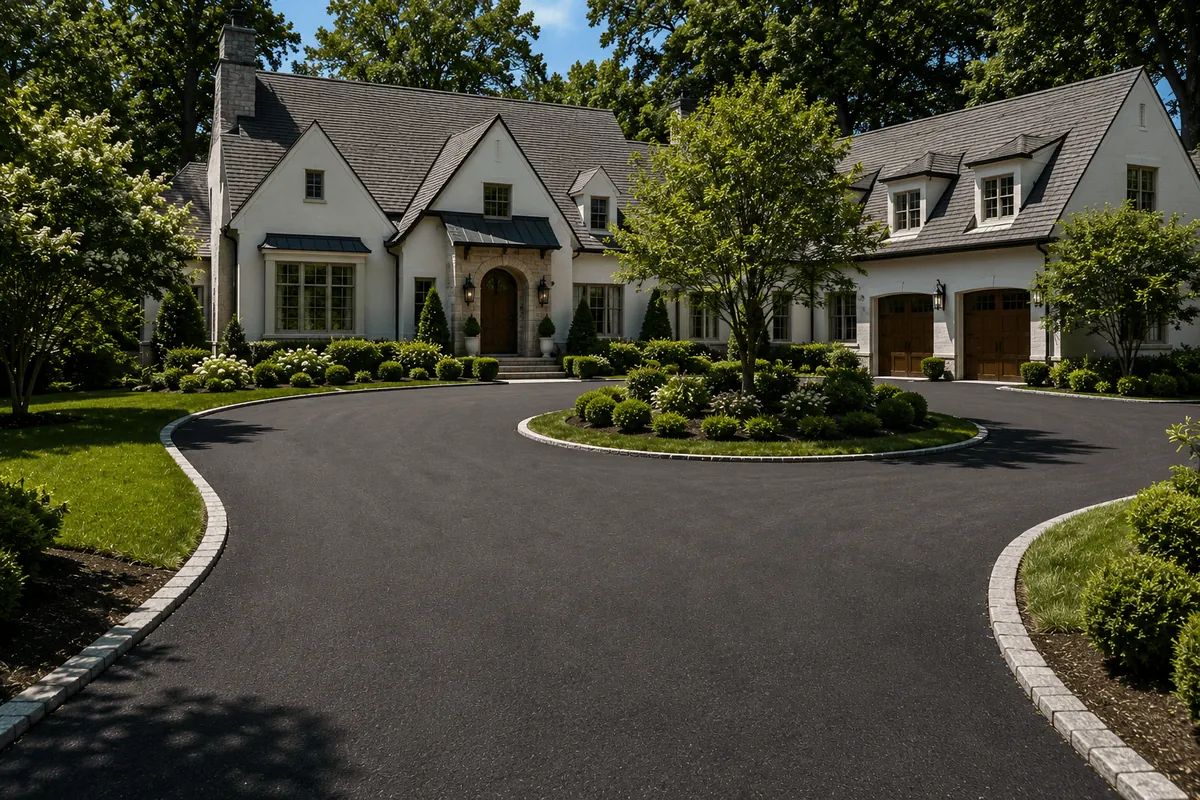 A circular sealed driveway around a planted island in Muttontown