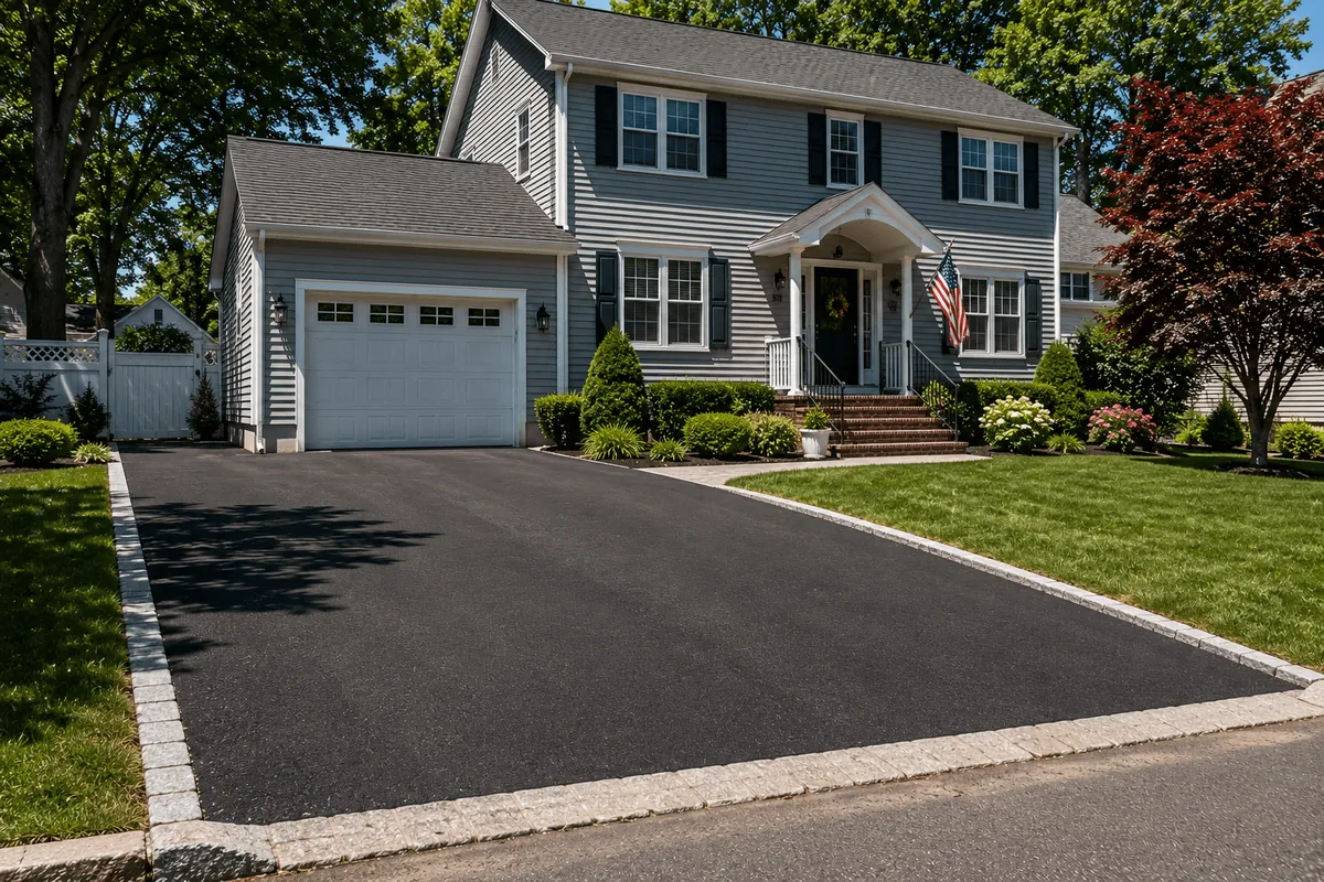 A resurfaced driveway with a paver edge at a colonial house in Babylon