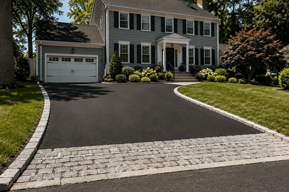 A sealed driveway with a paver edge in front of a colonial house in Garden City