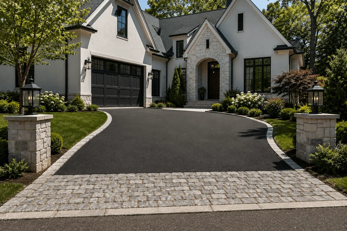 A wide estate driveway with stone pillars and a paver border in Cold Spring Harbor